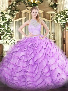 Delicate Lilac Sleeveless Tulle Brush Train Zipper Quinceanera Gown for Military Ball and Sweet 16 and Quinceanera
