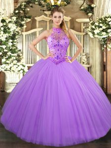 Luxury Tulle Halter Top Sleeveless Lace Up Beading and Embroidery 15th Birthday Dress in Lavender