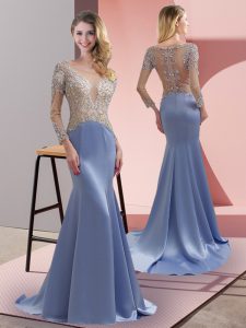 Hot Selling Lavender Mermaid Elastic Woven Satin Scoop 3 4 Length Sleeve Beading Zipper Prom Gown Brush Train