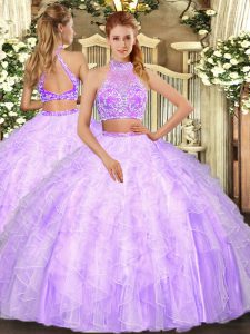 Eye-catching Halter Top Sleeveless Criss Cross Sweet 16 Dresses Lilac Tulle