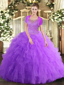 Lavender Sleeveless Floor Length Beading and Ruffled Layers Clasp Handle Quinceanera Gown