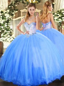Excellent Sweetheart Sleeveless Sweet 16 Quinceanera Dress Floor Length Beading Baby Blue Tulle