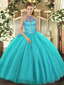 Aqua Blue Tulle Lace Up 15 Quinceanera Dress Sleeveless Floor Length Beading and Embroidery