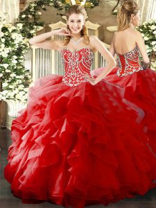 High Quality Sweetheart Sleeveless Quinceanera Gowns Floor Length Beading and Ruffles Red Organza