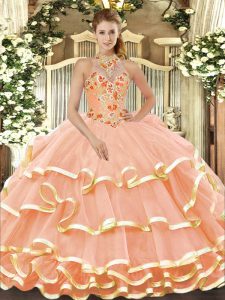 Colorful Peach Sleeveless Beading and Embroidery Floor Length Quince Ball Gowns