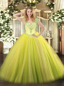 Vintage V-neck Sleeveless Tulle Quinceanera Dress Beading and Ruffles Lace Up