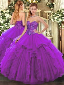 Eggplant Purple Lace Up Sweet 16 Quinceanera Dress Beading and Ruffles Sleeveless Floor Length