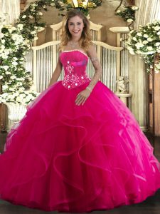 Hot Sale Hot Pink Tulle Lace Up Sweet 16 Dress Sleeveless Floor Length Beading and Ruffles