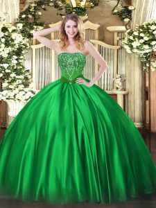 Decent Green Satin Lace Up Ball Gown Prom Dress Sleeveless Floor Length Beading