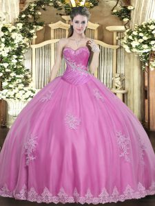 Sophisticated Floor Length Rose Pink Sweet 16 Dresses Tulle Sleeveless Beading and Appliques