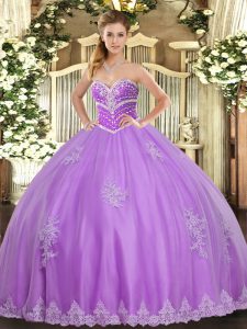 Charming Sweetheart Sleeveless Quince Ball Gowns Floor Length Beading and Appliques Lavender Tulle