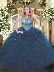 Flare Floor Length Ball Gowns Sleeveless Navy Blue Quince Ball Gowns Lace Up