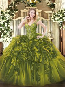 Amazing Olive Green Sleeveless Organza Lace Up Quinceanera Dresses for Military Ball and Sweet 16 and Quinceanera