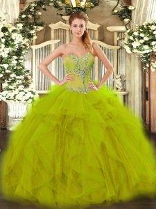 Dramatic Organza Sweetheart Sleeveless Lace Up Beading and Ruffles Quince Ball Gowns in Olive Green