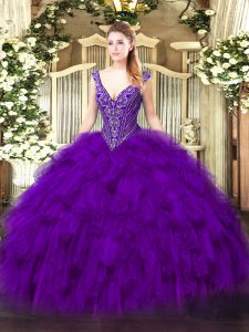 Eye-catching Purple Sleeveless Floor Length Beading and Ruffles Lace Up 15th Birthday Dress