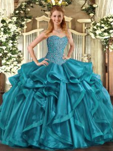 Elegant Teal Organza Lace Up Quince Ball Gowns Sleeveless Floor Length Beading and Ruffles