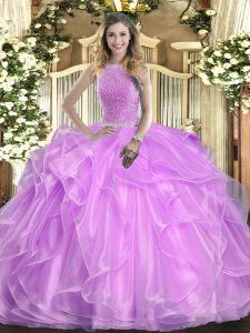 Excellent Lilac Ball Gowns Beading and Ruffles Sweet 16 Quinceanera Dress Lace Up Organza Sleeveless Floor Length