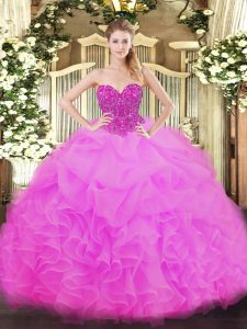 Sleeveless Organza Floor Length Lace Up Quinceanera Dress in Fuchsia with Beading and Ruffles