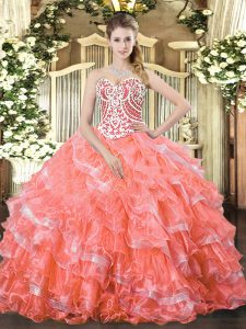 Hot Selling Floor Length Watermelon Red Sweet 16 Dresses Organza Sleeveless Beading and Ruffled Layers