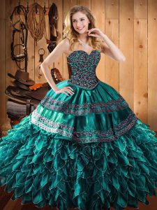 Sleeveless Organza and Taffeta Floor Length Lace Up Sweet 16 Quinceanera Dress in Dark Green with Beading and Embroidery
