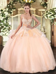 Dynamic Peach Sleeveless Organza Lace Up Sweet 16 Dresses for Military Ball and Sweet 16 and Quinceanera