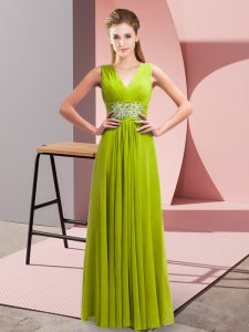 Fashionable Yellow Green Empire V-neck Sleeveless Chiffon Floor Length Lace Up Beading Prom Dress