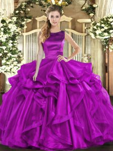 Fancy Organza Scoop Sleeveless Lace Up Ruffles Quinceanera Gown in Purple