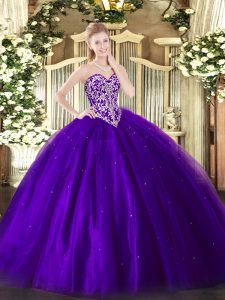 On Sale Purple Tulle Lace Up Sweetheart Sleeveless Floor Length Sweet 16 Dresses Beading