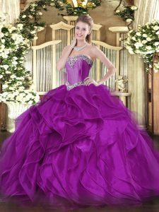Purple Sweet 16 Dresses Military Ball and Sweet 16 and Quinceanera with Beading and Ruffles Sweetheart Sleeveless Lace U