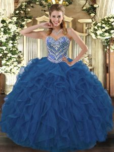 Blue Tulle Lace Up Vestidos de Quinceanera Sleeveless Floor Length Beading and Ruffled Layers