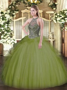Vintage Olive Green Lace Up Vestidos de Quinceanera Beading Sleeveless Floor Length