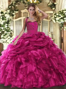 Best Selling Hot Pink Ball Gowns Organza Halter Top Sleeveless Ruffles and Pick Ups Floor Length Lace Up Quinceanera Gow