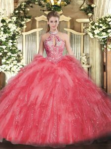 Coral Red Ball Gowns Beading and Ruffles Quinceanera Dress Lace Up Organza Sleeveless Floor Length