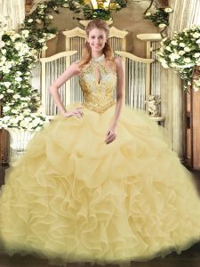 Sophisticated Champagne Sleeveless Floor Length Beading and Ruffles Lace Up 15 Quinceanera Dress