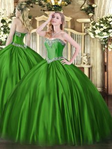 Green Satin Lace Up 15th Birthday Dress Sleeveless Floor Length Beading