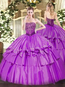 Stunning Lilac Organza and Taffeta Lace Up Strapless Sleeveless Floor Length Ball Gown Prom Dress Beading and Ruffled La