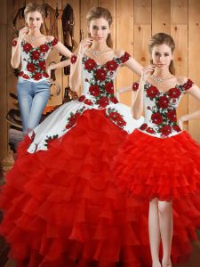 Edgy White And Red Organza Lace Up Off The Shoulder Sleeveless Floor Length Quinceanera Gown Embroidery and Ruffled Laye