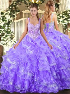 Exceptional Lavender Sleeveless Organza Lace Up 15 Quinceanera Dress for Military Ball and Sweet 16 and Quinceanera