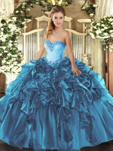 Teal Ball Gowns Organza Sweetheart Sleeveless Beading and Ruffles Floor Length Lace Up Sweet 16 Quinceanera Dress