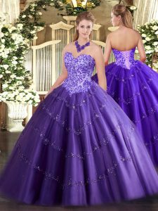 Fine Sleeveless Floor Length Appliques Lace Up Ball Gown Prom Dress with Purple