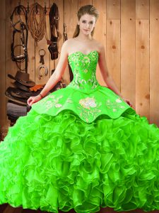 Amazing Sleeveless Satin and Organza Brush Train Lace Up Quinceanera Gown in with Embroidery and Ruffles