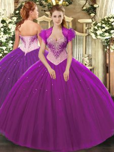 Edgy Floor Length Lace Up Quinceanera Dress Eggplant Purple for Military Ball and Sweet 16 and Quinceanera with Beading
