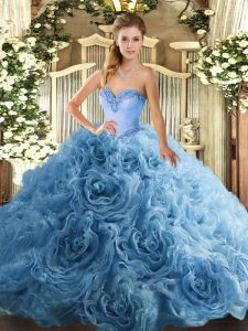 Aqua Blue Fabric With Rolling Flowers Lace Up Sweetheart Sleeveless Floor Length Ball Gown Prom Dress Beading