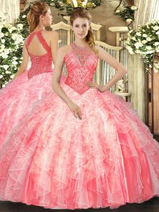 Glamorous Watermelon Red Sleeveless Floor Length Beading and Ruffles Lace Up Sweet 16 Dresses