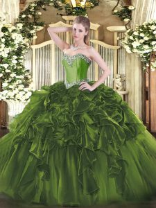 Captivating Olive Green Ball Gowns Beading and Ruffles Quince Ball Gowns Lace Up Organza Sleeveless Floor Length
