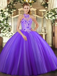Shining Sleeveless Tulle Floor Length Lace Up Sweet 16 Quinceanera Dress in Purple with Embroidery