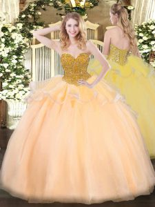 Pretty Orange Red Ball Gowns Sweetheart Sleeveless Organza Floor Length Lace Up Beading Quinceanera Dresses