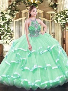 Designer Ball Gowns 15 Quinceanera Dress Apple Green Halter Top Tulle Sleeveless Floor Length Lace Up