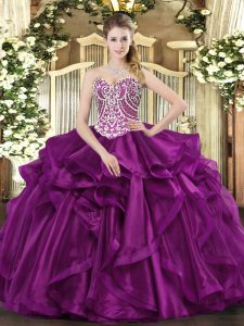 Sleeveless Organza Floor Length Lace Up Quinceanera Gown in Fuchsia with Beading and Ruffles