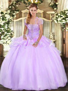 Lavender Ball Gowns Strapless Sleeveless Organza Floor Length Lace Up Appliques Quinceanera Gowns